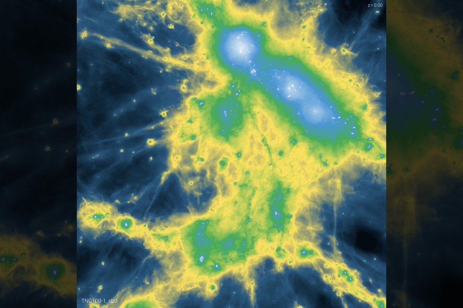 Representación de nubes de materia difusa alrededor de galaxias detectadas con destellos de radio rápidos