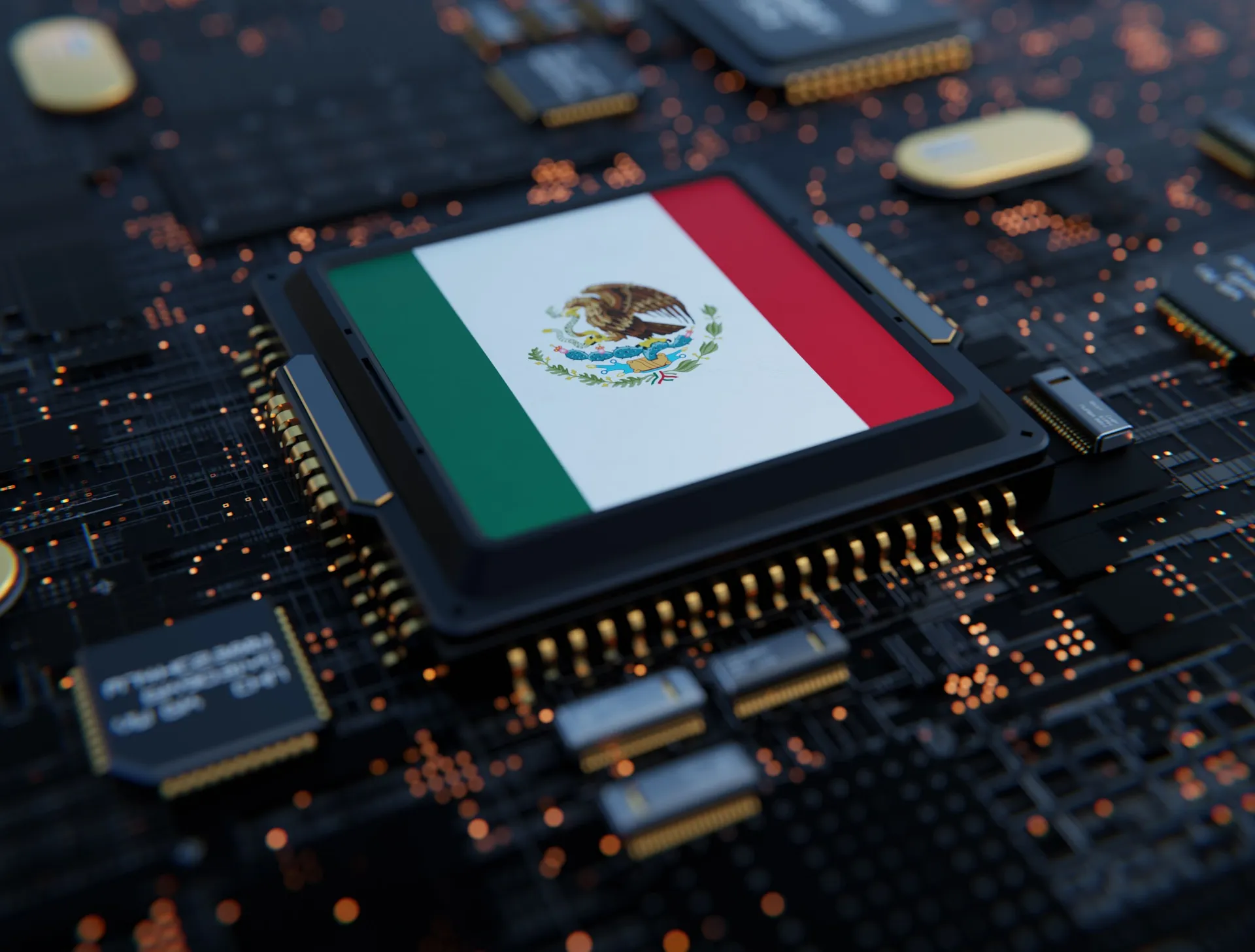 Contenedores de exportación con chips y componentes tecnológicos en un puerto mexicano