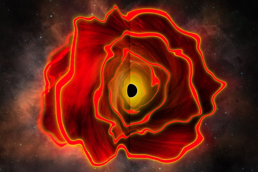 Representación de una estrella agujero negro, una nube roja densa con un núcleo oscuro