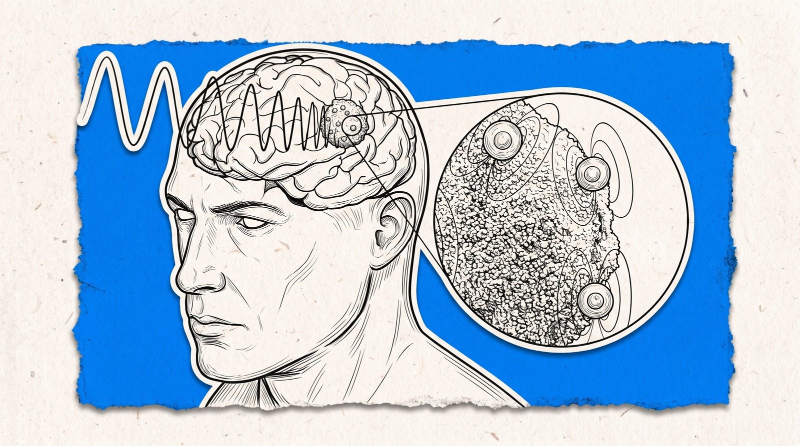 Ilustración de una cabeza humana translúcida mostrando el cerebro con nanoantenas activadas por un campo magnético atacando un tumor