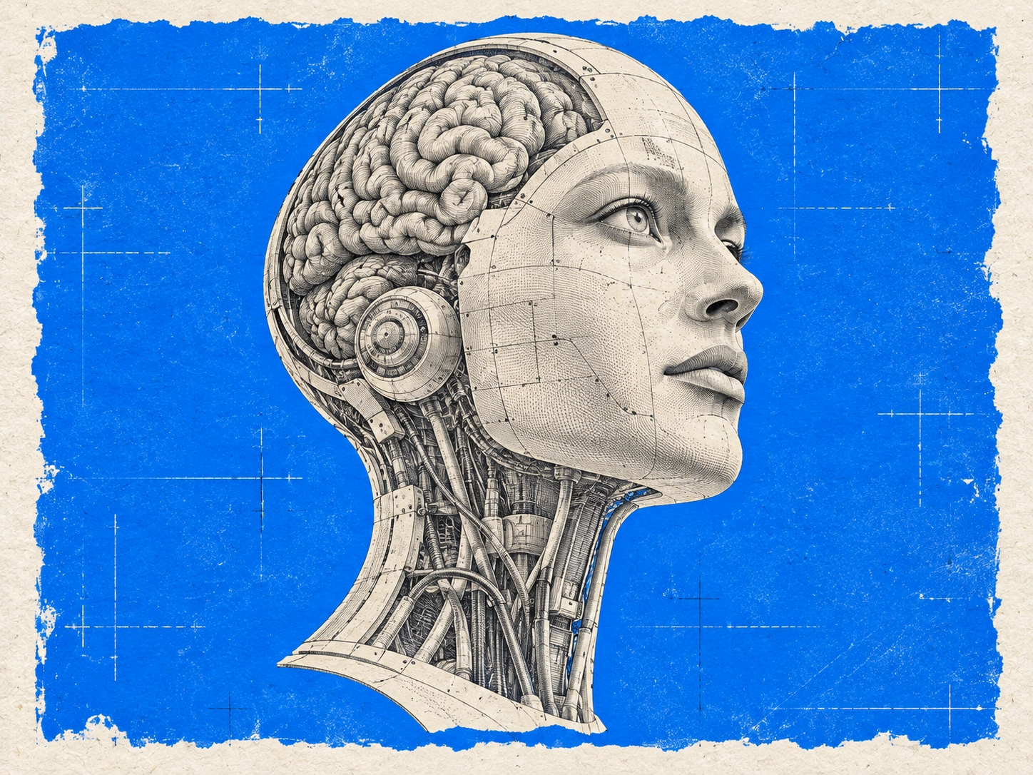 Representaci&oacute;n conceptual de un sistema de inteligencia artificial general: una forma abstracta de l&iacute;neas azules que se organiza sola sobre un fondo crema